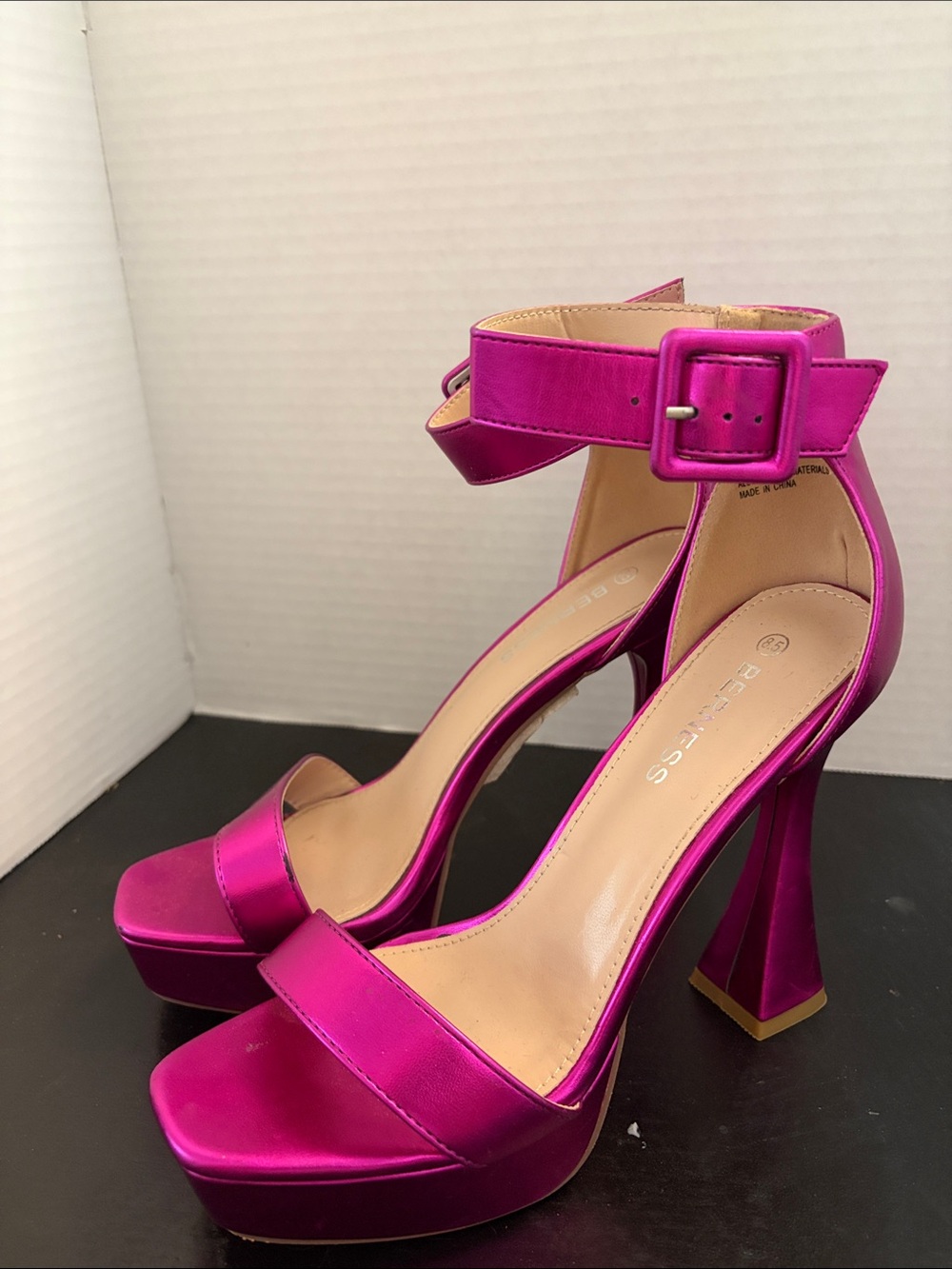 Berness Fuchsia Metallic Platform Ankle-Strap Heels, Size 8.5, 5” heels